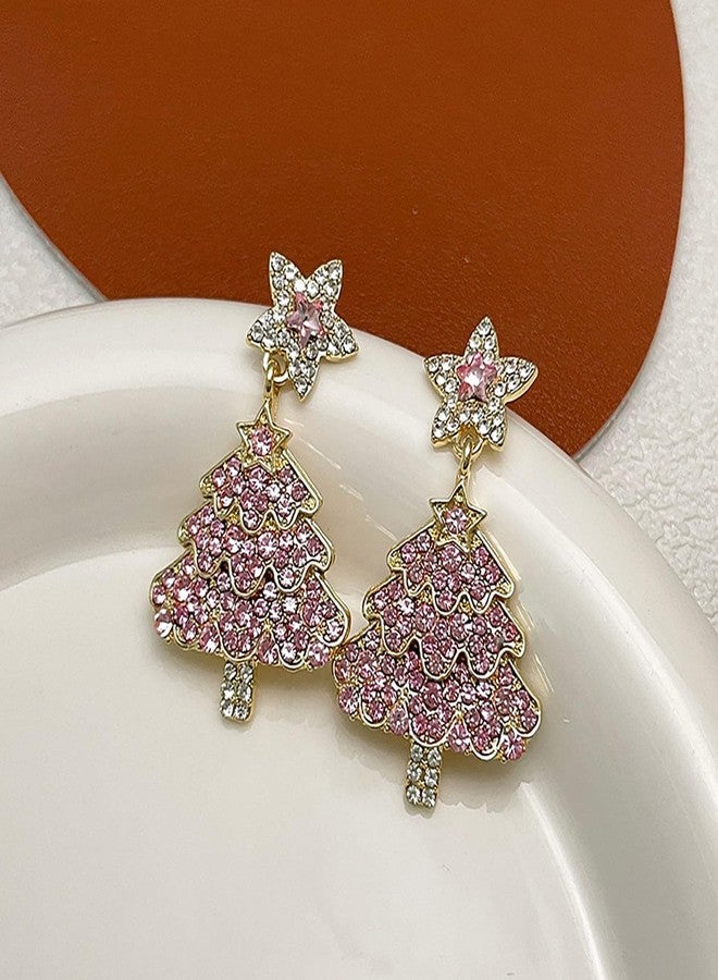 GLMOCM Christmas Tree Earrings for Women Rhinestone christmas Tree Dangle Earrings Christmas Jewelry Gifts for Women (Pink) - Image 5